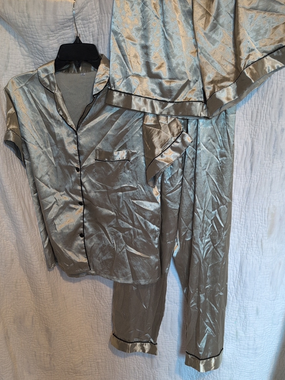 Girls Green Satin Pajama Set with Black Piping